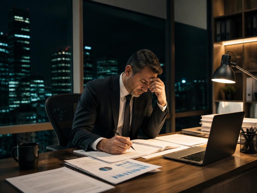 Executivo estressado e sobrecarregado no escritório à noite, representando o momento de dor do público-alvo
