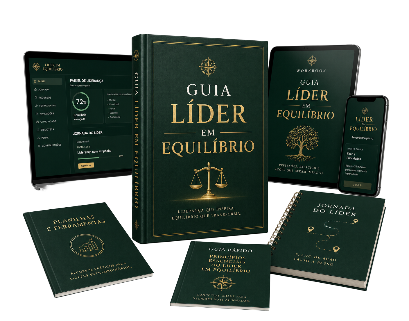 Todos os materiais do Guia do Líder em Equilíbrio reunidos: guia principal, mapa, protocolo e bônus